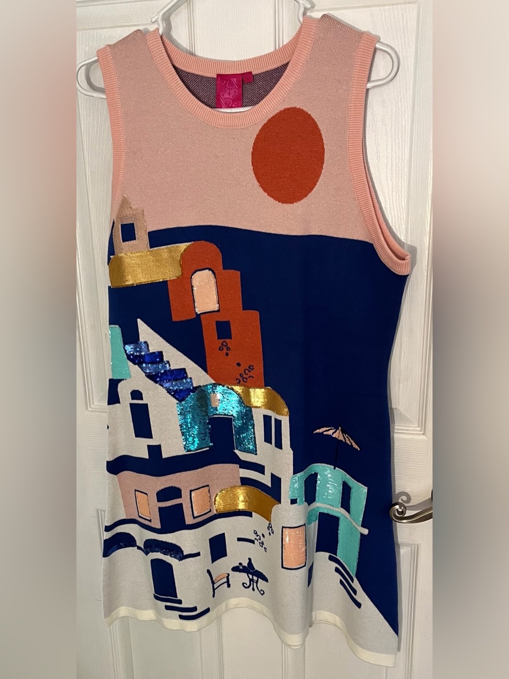 QUEEN OF SPARKLES Greek Island Mini Dress in Navy, Pink & Gold Sequin